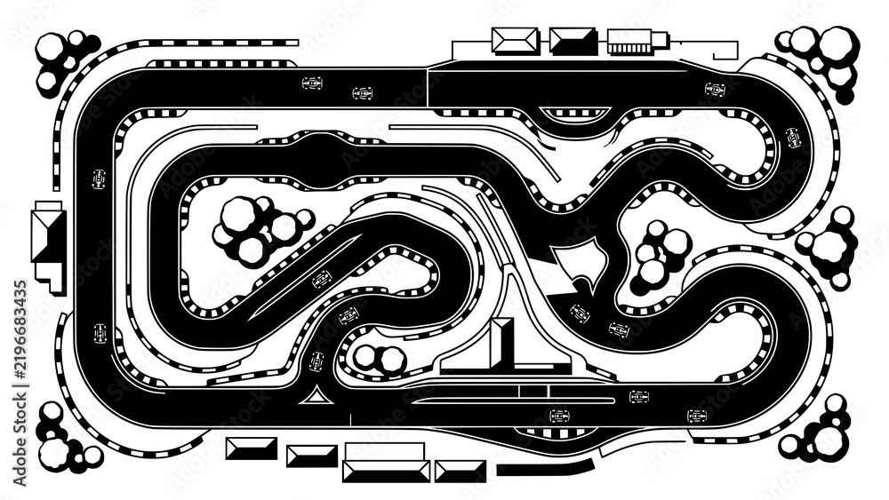 Obraz premium Top down view of a black and white race track circuit map illustration