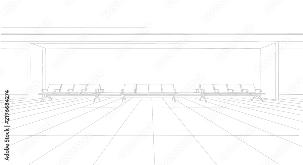 Fototapeta premium Modern Minimalist Waiting Area with Linear Arrangement of Gray Chairs and Tables in Empty Spacious Room
