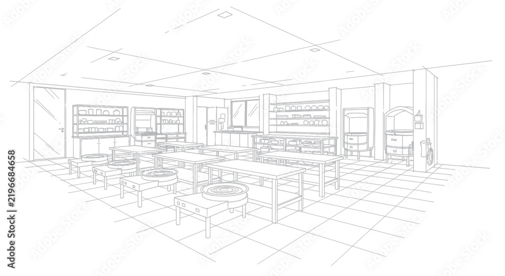 Fototapeta premium Professional Line Drawing of Modern Minimalist Restaurant or Caf Interior with Round Tables Bar Seating Shelves and Kitchen Equipment