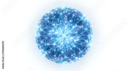 Neural network data visualization sphere with glowing blue nodes and connections for tech presentations