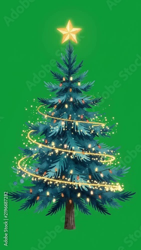 An animated watercolor Christmas tree with glowing fairy lights and a star on a green screen background for holiday greeting cards and winter season corporate presentation videos.