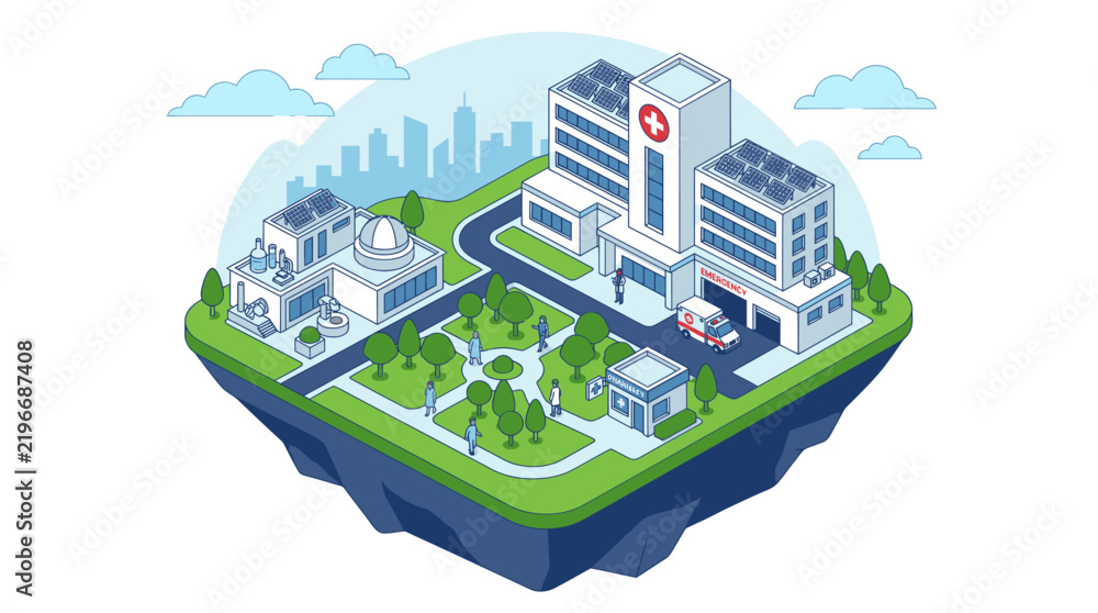 Fototapeta premium Isometric hospital and medical center complex with ambulance.