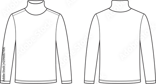 Fashion technical drawing of a women's long sleeve turtleneck garment with a high neckline and fitted shape. Clean vector apparel template showing front and back views, suitable for fashion designers.