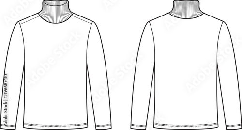 Turtleneck long sleeve top technical flat illustration, featuring a high neck, fitted silhouette, and clean garment construction. Front and back views in a professional fashion vector style.
