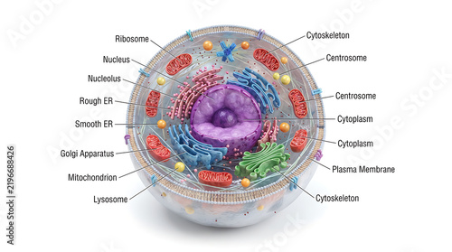 Detailed human cell diagram with labeled organelles for educational and medical presentations