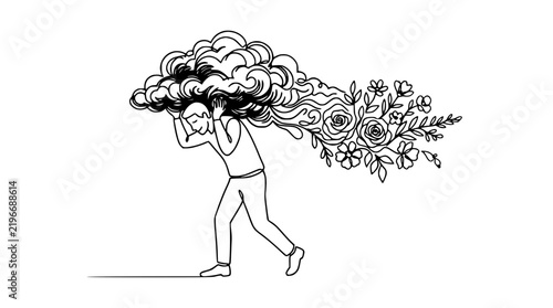 Man Carrying Heavy Load of Flowers and Clouds, Isolated