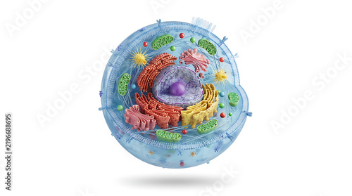 Human cell structure illustration with organelles and nucleus for medical education and scientific research