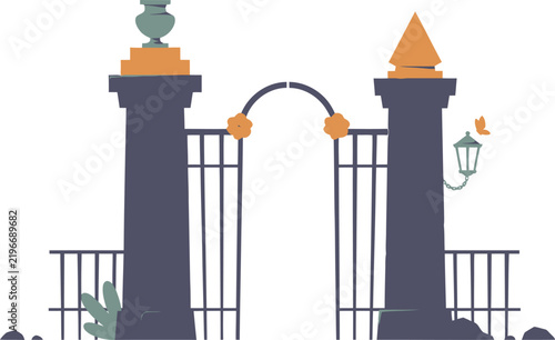 Illustrated decorative gate with arch and lanterns