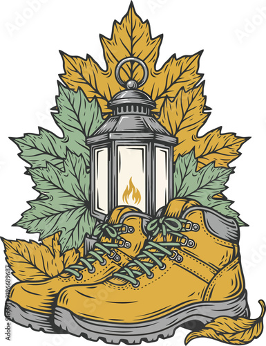 Illustrated lantern surrounded by autumn leaves and maple leaves with a book