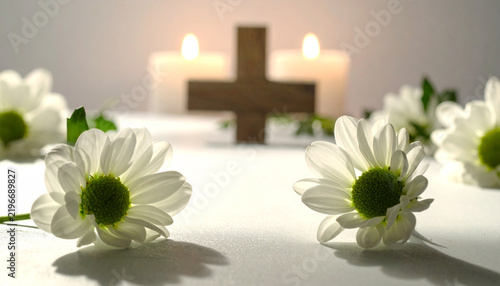 A Solemn Memorial: White daisies surround a wooden cross and softly lit candles, creating a serene and contemplative atmosphere for remembrance and spiritual reflection.