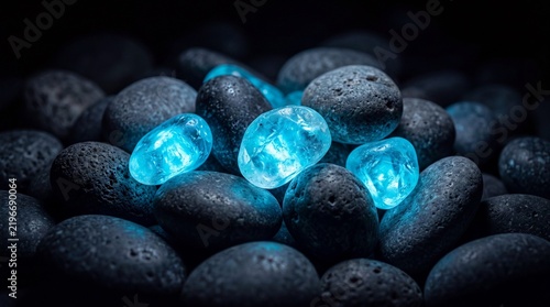 Bioluminescent stones glowing in vibrant blue light surrounded by dark river rocks in a dimly lit setting.