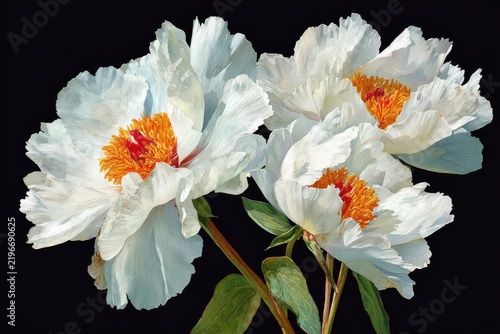 White peonies blooming with vibrant orange centers against a dark backdrop during daylight