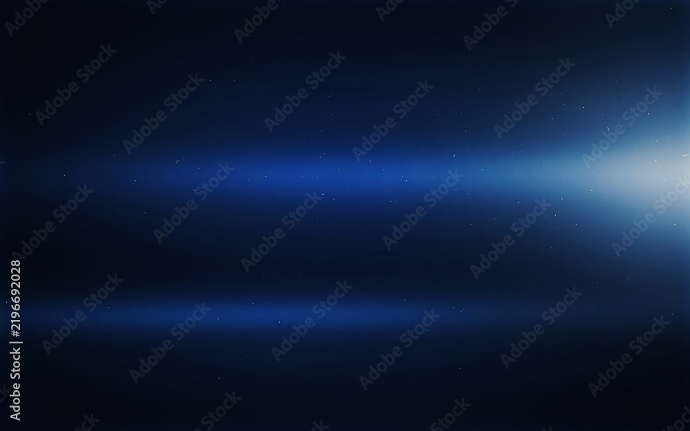 Fototapeta premium Abstract dark blue background with a bright light flare on the right side and subtle glowing particles floating in the deep space atmosphere design