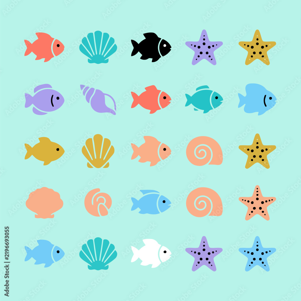 Fototapeta premium Seamless pattern with cute colorful sea creatures and shells