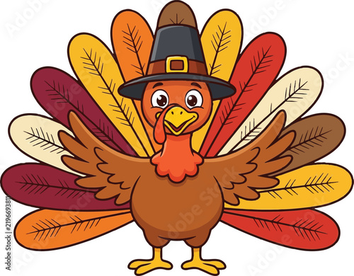 Cartoon turkey wearing a pilgrim hat against a white background