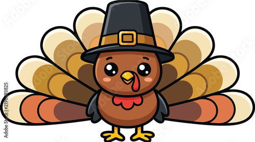 Cartoon turkey wearing a pilgrim hat with a square buckle vector illustration