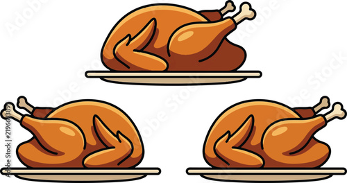 Roasted turkey on platters colorful vector illustration