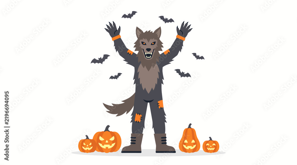 Fototapeta premium Werewolf character standing with raised arms near halloween pumpkins