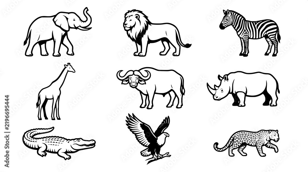 Obraz premium Zimbabwe African Wildlife Black and White Vector Icon Set