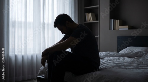 Emotional Distress Concept Featuring Lonely Adult Man Sitting on Bed Near Softly Illuminated Bedroom Window
