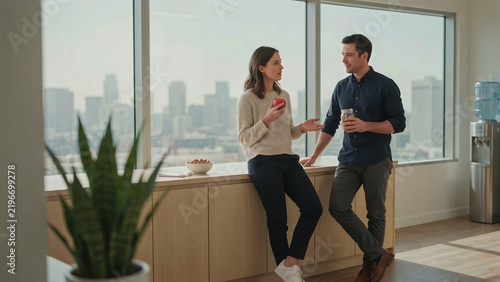 Two coworkers (30s) in an office breakroom, sharing an apple and nuts instead of vending machine snacks. Keywords: sstkWellness, office wellness, healthy snack, coworkers, break, healthy habits, 