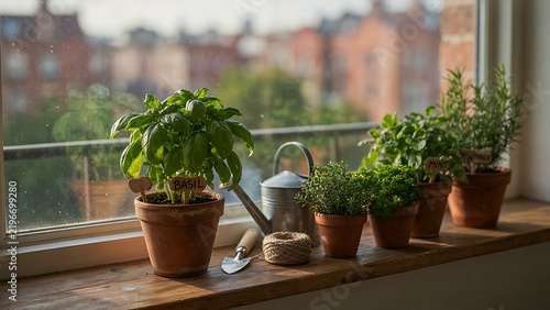A close-up of an urban apartment windowsill with several healthy potted herbs (basil, mint, rosemary) growing. Keywords: sstkWellness, gardening, urban gardening, windowsill herbs, fresh ingredients, 