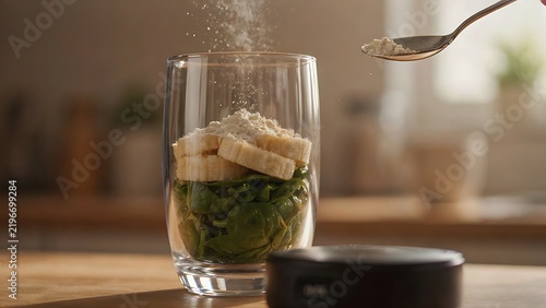 A close-up of a blender filling with spinach, banana, and protein powder before being turned on. Keywords: sstkWellness, smoothie, protein shake, breakfast, preparation, nutrition, healthy start, 