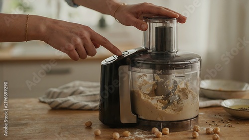 A close-up of hands using a food processor to blend chickpeas and tahini into smooth, homemade hummus. Keywords: sstkWellness, cooking, homemade, hummus, food processor, recipe, healthy snack, 