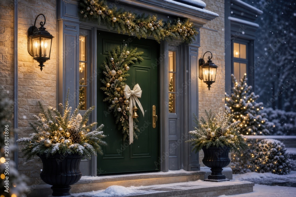 Fototapeta premium Elegant Christmas doorway with wreaths, lanterns, and snow