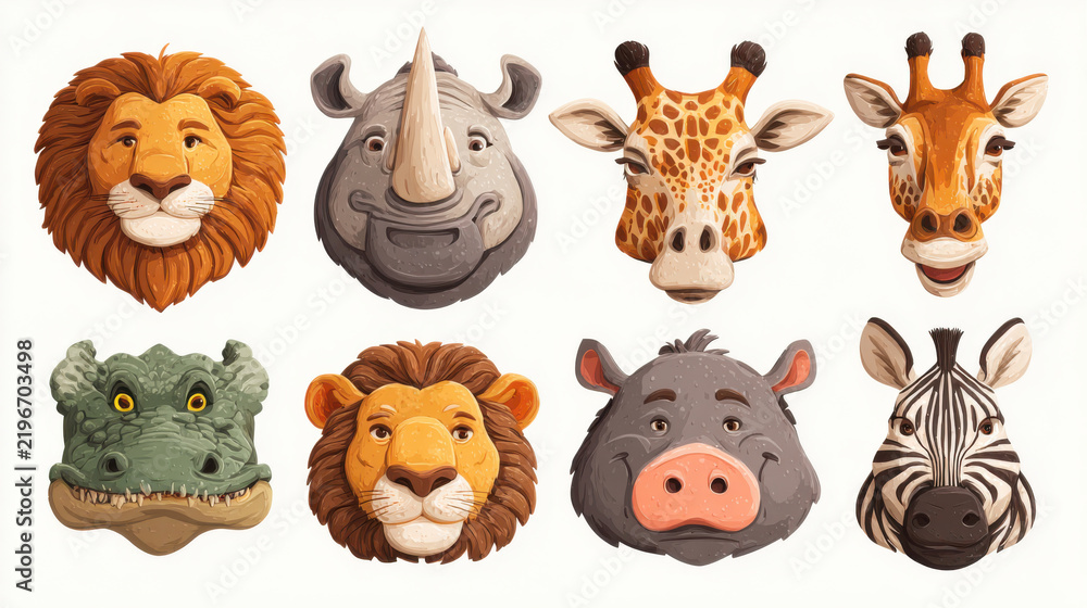 Fototapeta premium Set of cute cartoon safari animal faces including lion, rhino, giraffe, crocodile, hippo, and zebra