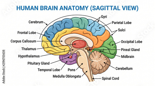Obraz na płótnie Colorful sagittal view diagram of human brain anatomy