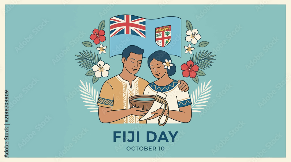 Fototapeta premium Fiji Day illustration featuring a couple in traditional clothing with the national flag and hibiscus