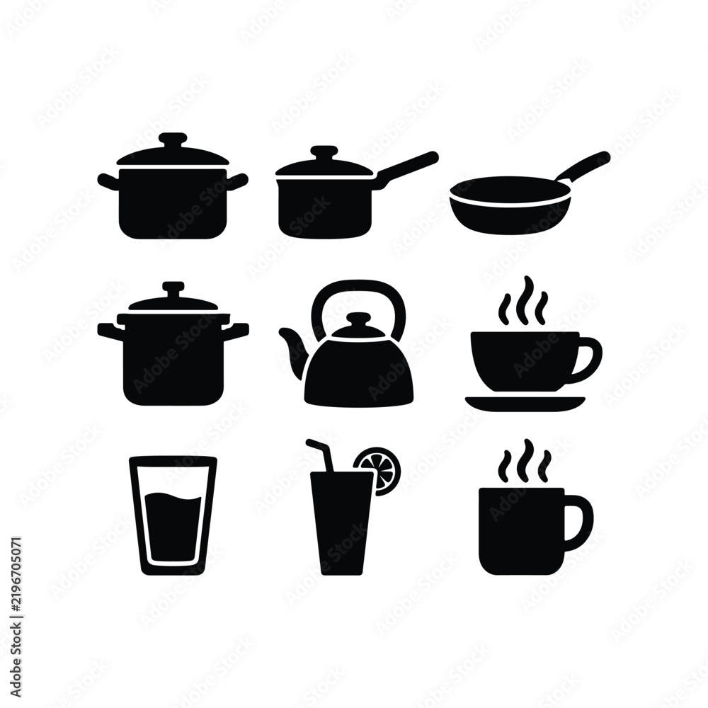 Fototapeta premium Cooking Pot Beverage Kitchen Pictogram Icons Set Solid Silhouette Vector