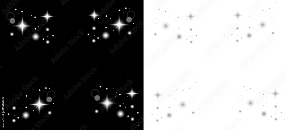 Fototapeta premium 黒背景・白背景に輝く四隅の星と光の粒子流れるエフェクト素材｜キラキラ, 天の川, 漫画トーン, コピースペース背景素材：星空トーン_wh&bk_背景04｜Effect assets featuring stars shining in the four corners and flowing particles of light against black and white background