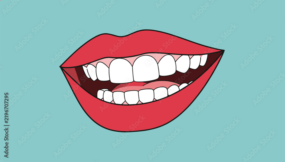 Fototapeta premium Open smiling mouth with red lips and healthy white teeth, vector cartoon illustration of a cheerful smile.