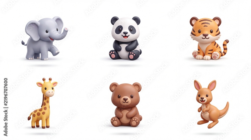 Fototapeta premium Cute Cartoon Animal Figures Set Featuring Elephant Panda Tiger Giraffe Bear and Dog