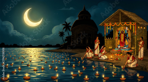 Spiritual gathering by moonlit river with floating candles Vector
