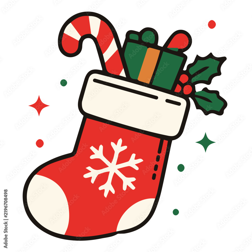 Obraz premium Christmas sock Filled with Gifts and Candy Hanging as Holiday Decoration for Winter Celebration Festive Season in Vector Illustration