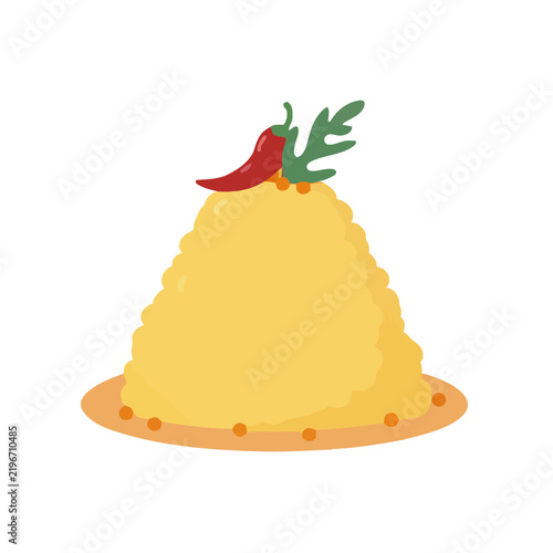 Yellow food mound with chili pepper and leaf