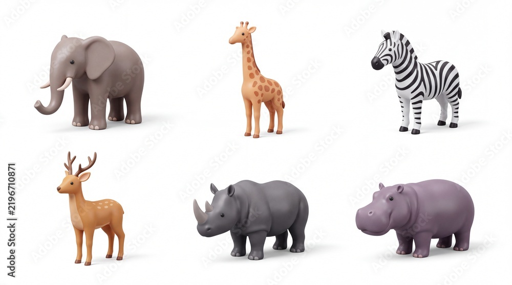 Obraz premium Collection of Plastic Animal Toys Featuring Elephant Giraffe Zebra Deer Rhino and Hippo on White Background