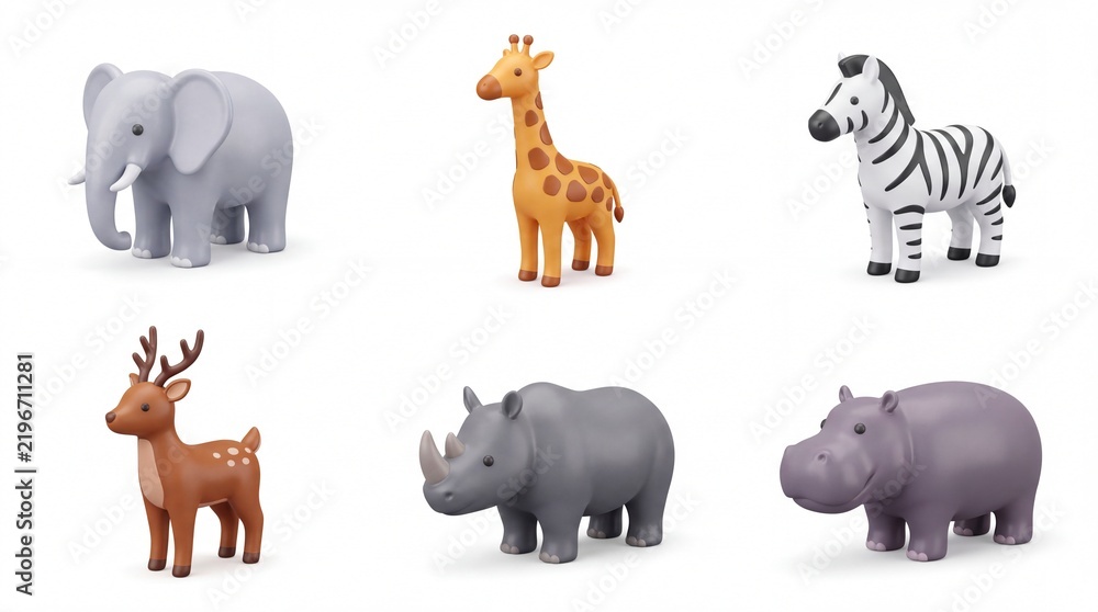 Obraz premium Set of Colorful Animal Figurines Including Elephant Giraffe Zebra Reindeer Rhino and Hippo on White Background