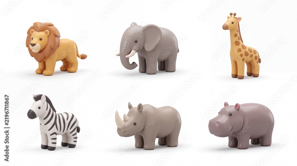 Fototapeta premium Set of Cute Animal Figurines Including Lion Elephant Giraffe Zebra Rhinoceros Hippo