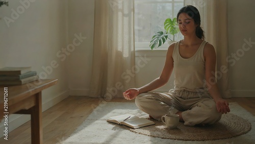 Keywords: sstkWellness, sharp focus, high clarity, meditation, mindfulness, natural lighting, morning routine, mental health, authentic stock photo. 