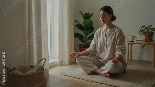 Description: Commercial lifestyle photography, sharp focus, perfectly balanced exposure. A person in their 30s sitting cross-legged meditating near a window. Bright, natural indirect daylight, 