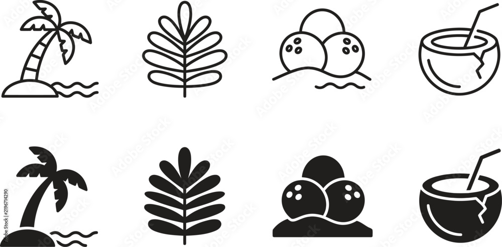 Obraz premium Set of summer themed tropical icons featuring palm trees leaves coconuts and refreshing beverages summer time tropical