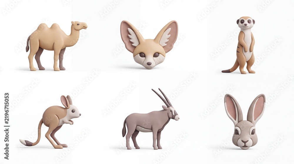 Fototapeta premium Set of Cute Animal Figurines Featuring Camel Fox Lemur Kangaroo and Rabbit in Minimalist Style
