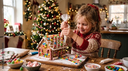 Christmas Kitchen Creation: A young girl, adorned in a festive holiday sweater, joyfully decorates a gingerbread house with colorful candies and icing.