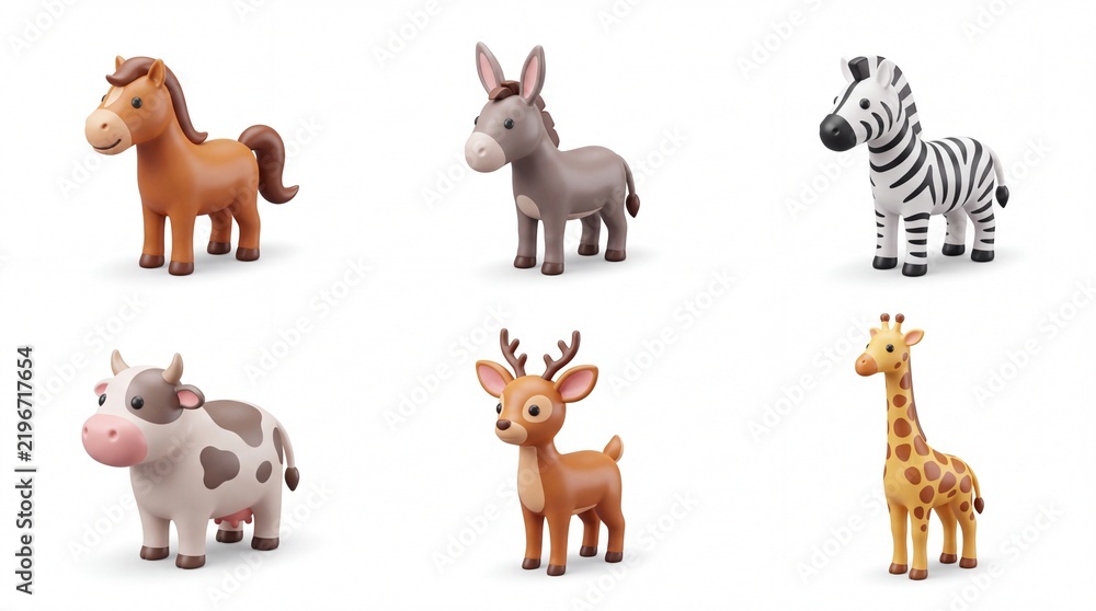 Fototapeta premium Colorful Plastic Animal Toys Set Featuring Horse Donkey Zebra Cow Deer Giraffe for Children Playroom Decor