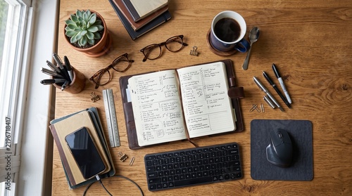 Desk Setup for Productivity: A well-organized desk features an open notebook with handwritten notes, a smartphone, keyboard, mouse, pens, coffee cup, eyeglasses, and a potted succulent.