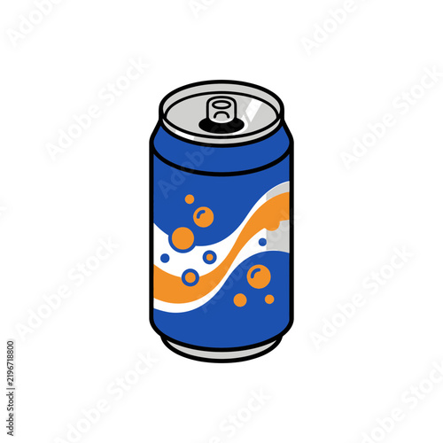 Blue aluminum soda can with orange wave design